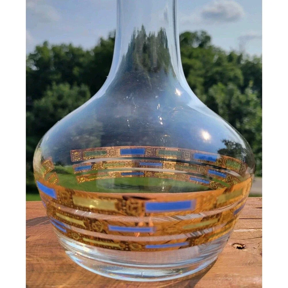 Vintage Culver 22k Gold Blue Empress Glass Carafe Decanter MCM Blue Green Retro